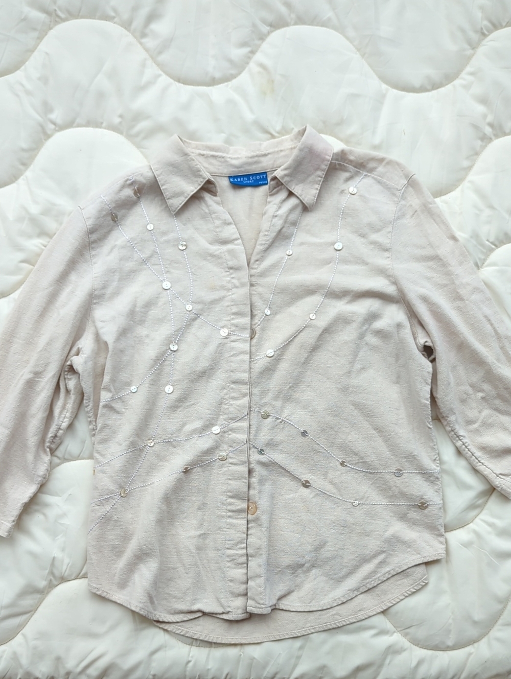 Karen Scott Vintage Embroidered Light beige Linen Button-down Top Large